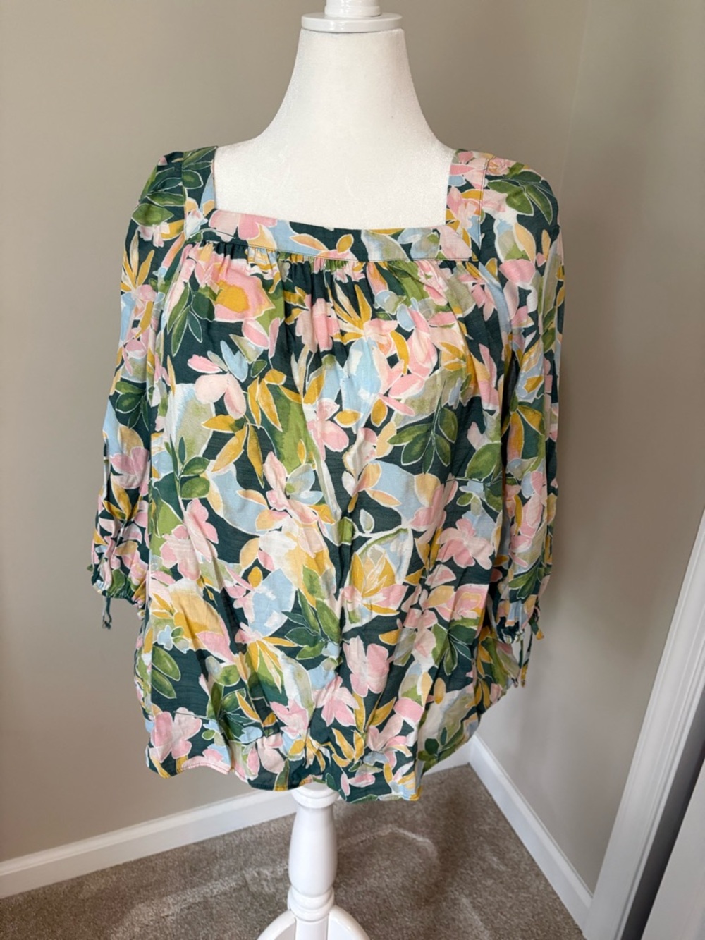 LC Lauren Conrad Floral Square-Neck Blouse - Dark Green Multi